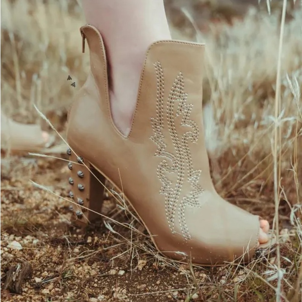 Studded Tan Peep-Toe Ankle Bootie with Embroidered Detail